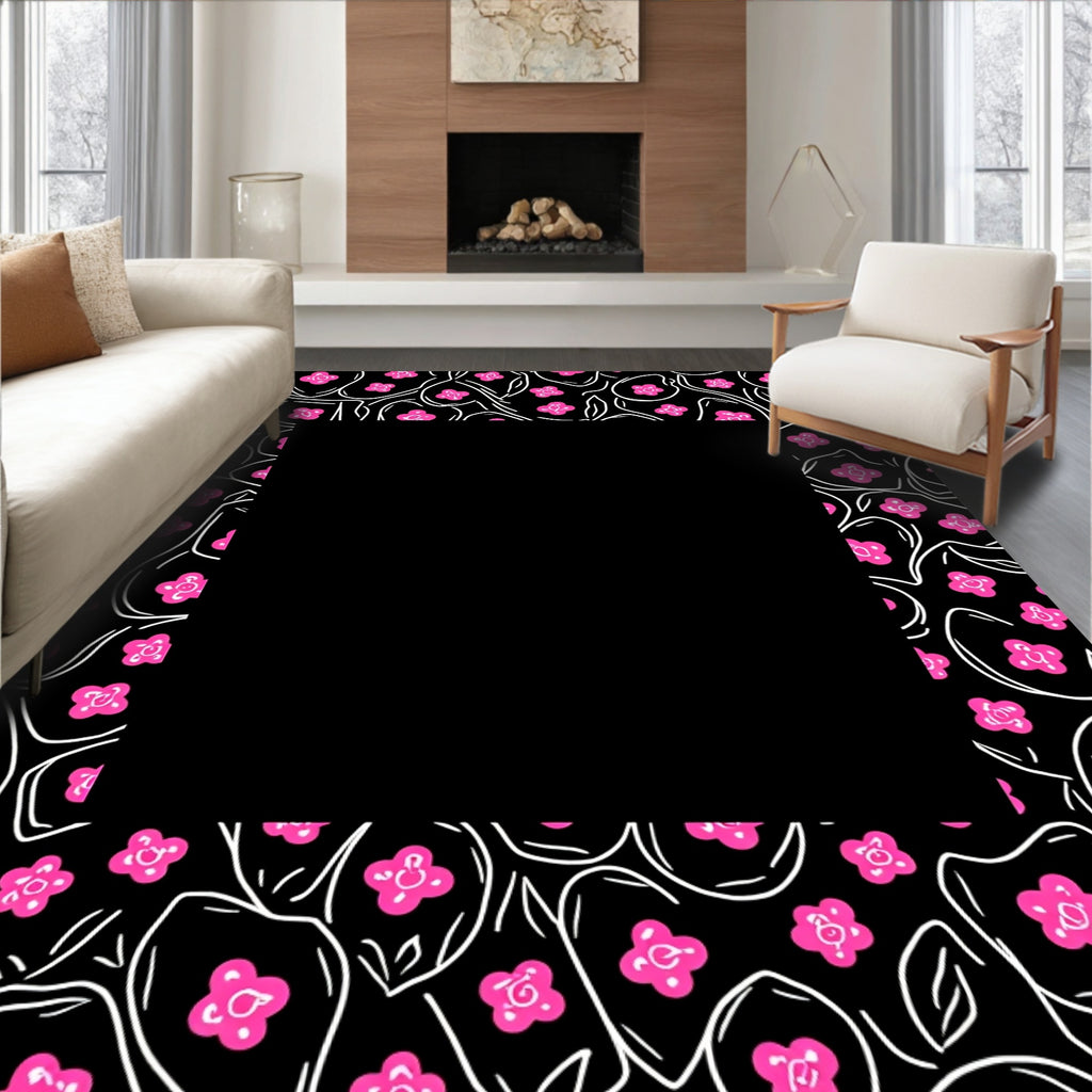 Bright Pink Blooming Flowers Black Border Rug