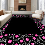 Bright Pink Blooming Flowers Black Border Rug
