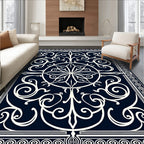 Navy Cream Ornamental Scrollwork Medallion Rug