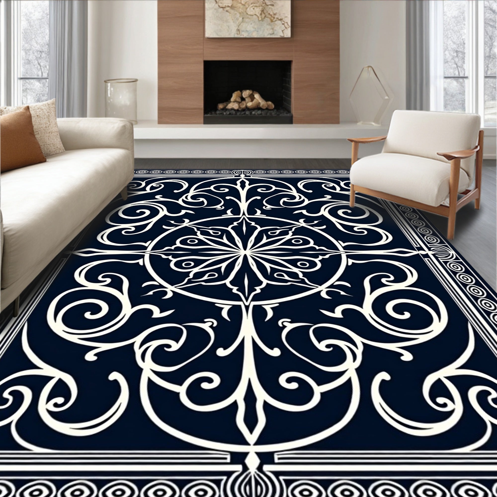 Navy Cream Ornamental Scrollwork Medallion Rug