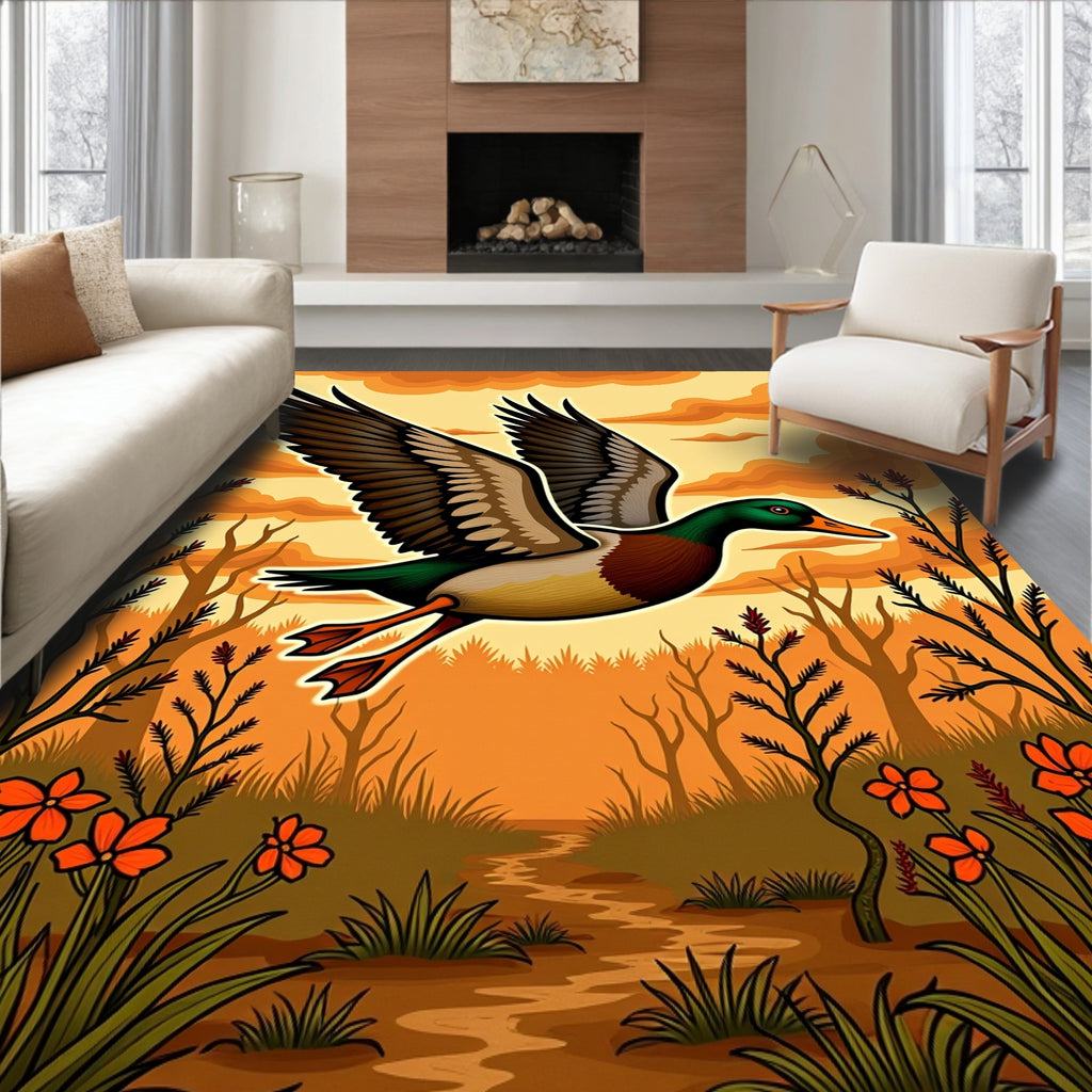 Flying Duck With Orange Sky and Flowers Rug