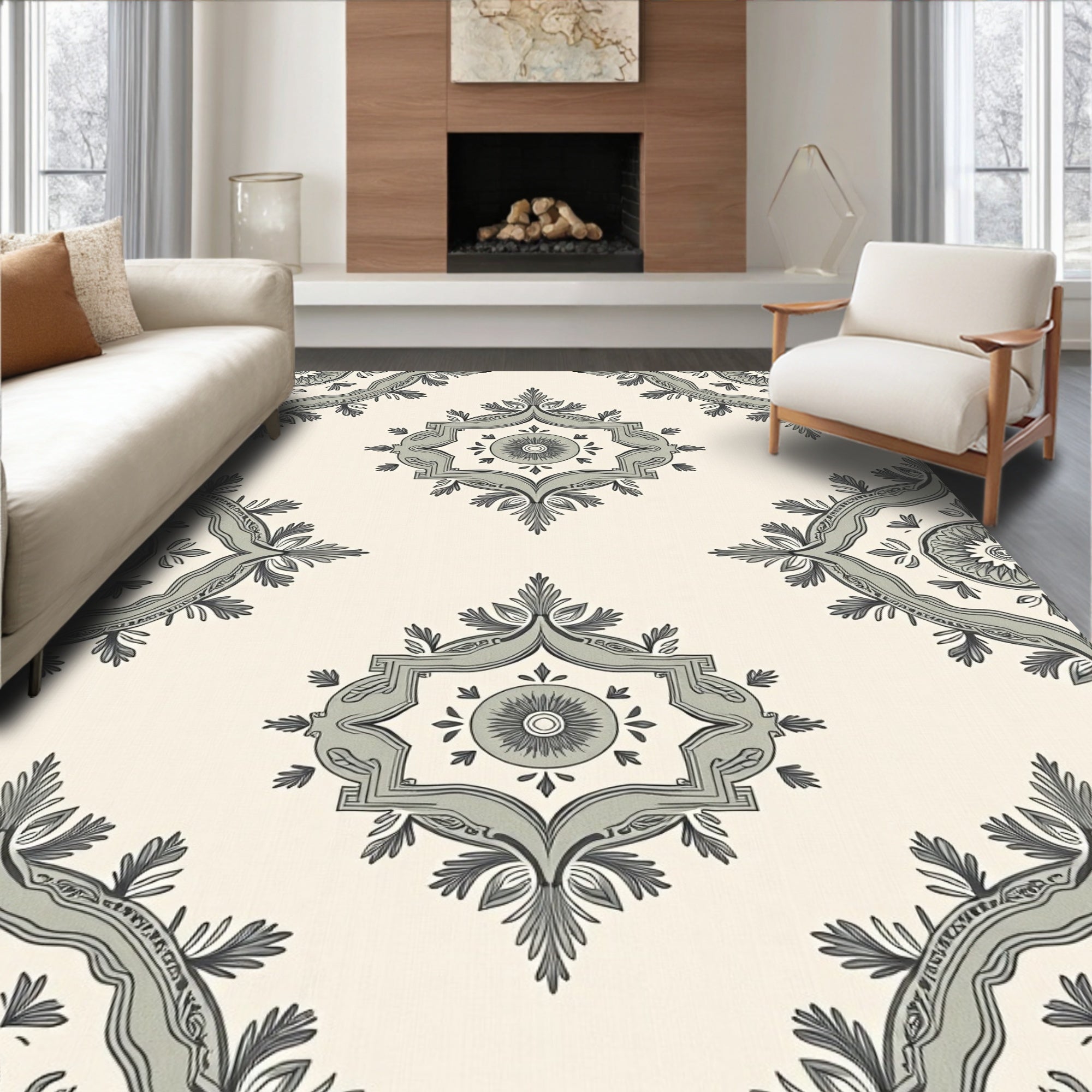 Elegant Gray Floral Medallion Tile Rug