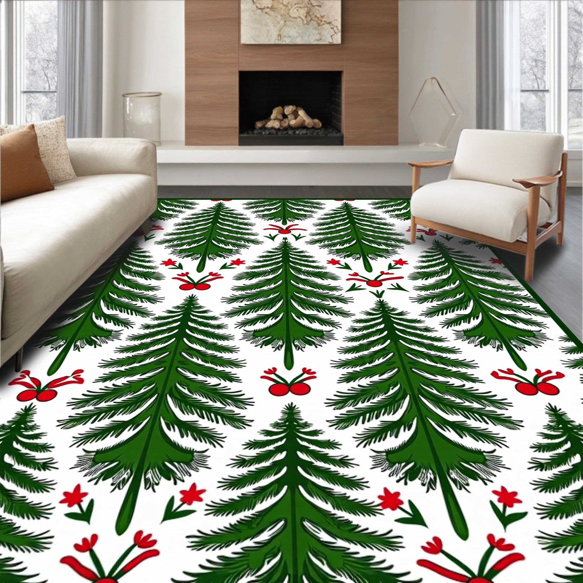 Green Pine Tree Red Holly Garland Rug