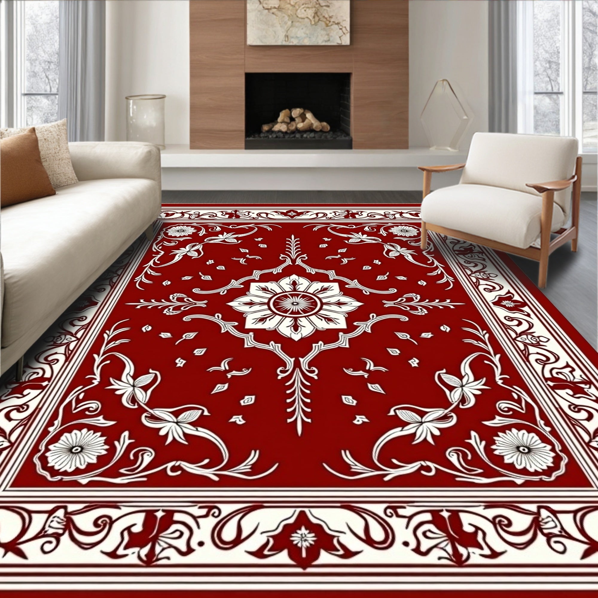 Deep Red Floral Vine Square Rug