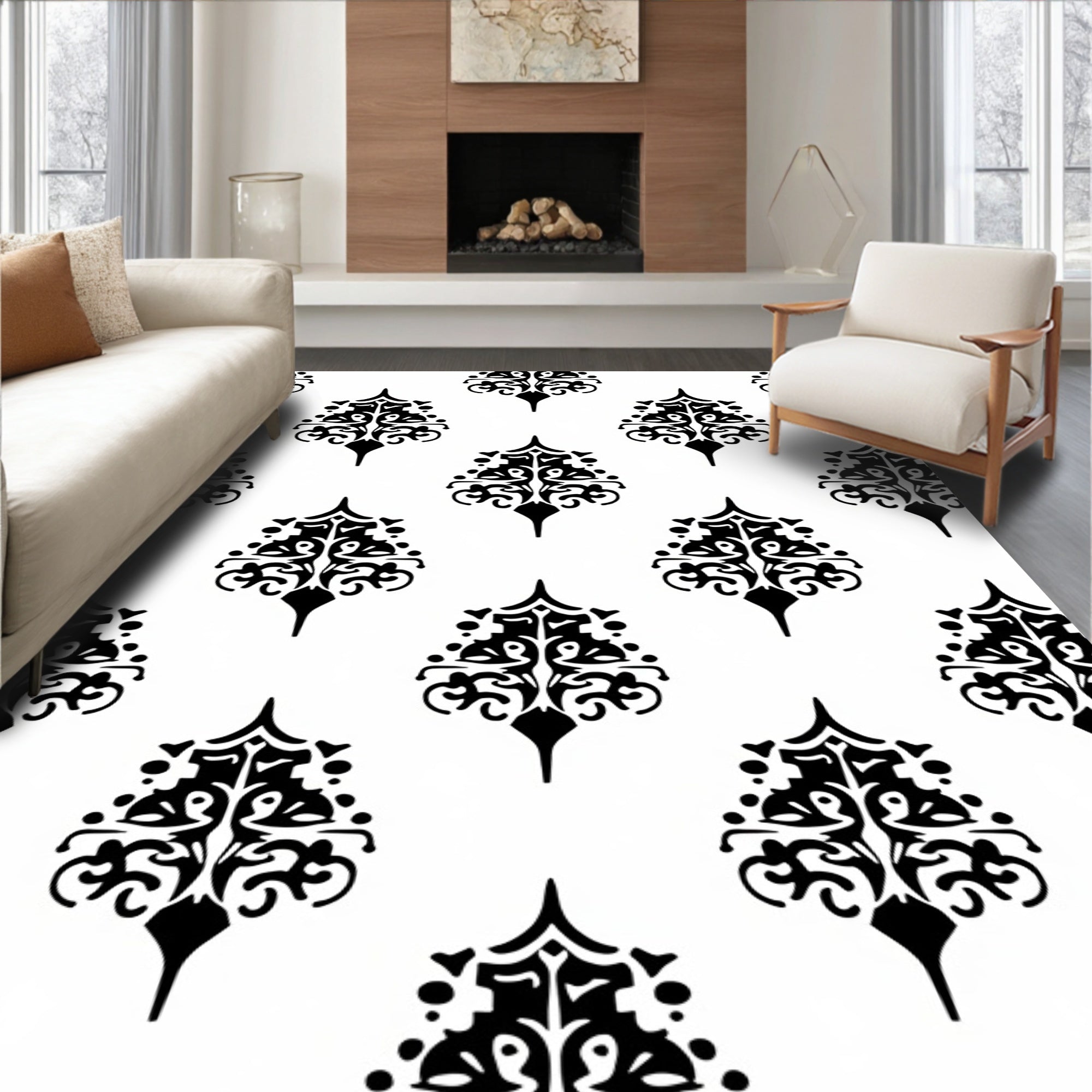 Black white ornate damask arabesque Rug