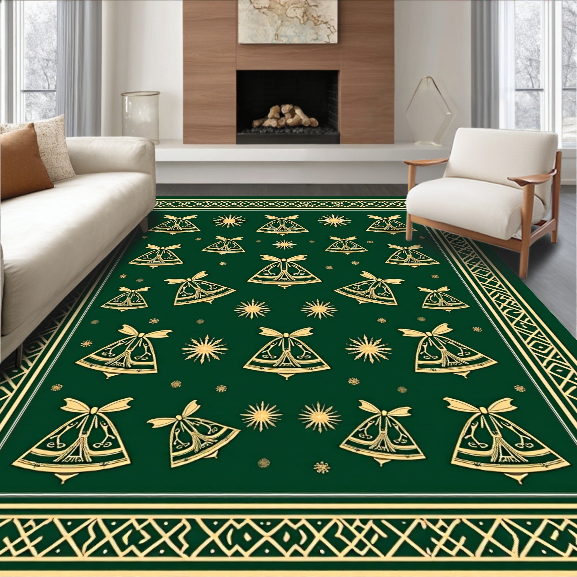 Emerald Green Gold Festive Bells Rug