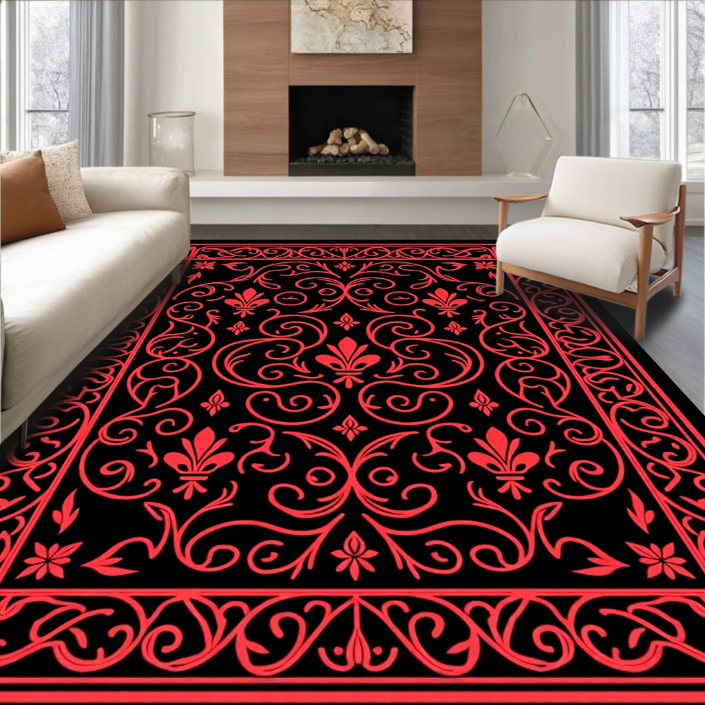 Elegant Red Fleur-de-lis Scrollwork Rug