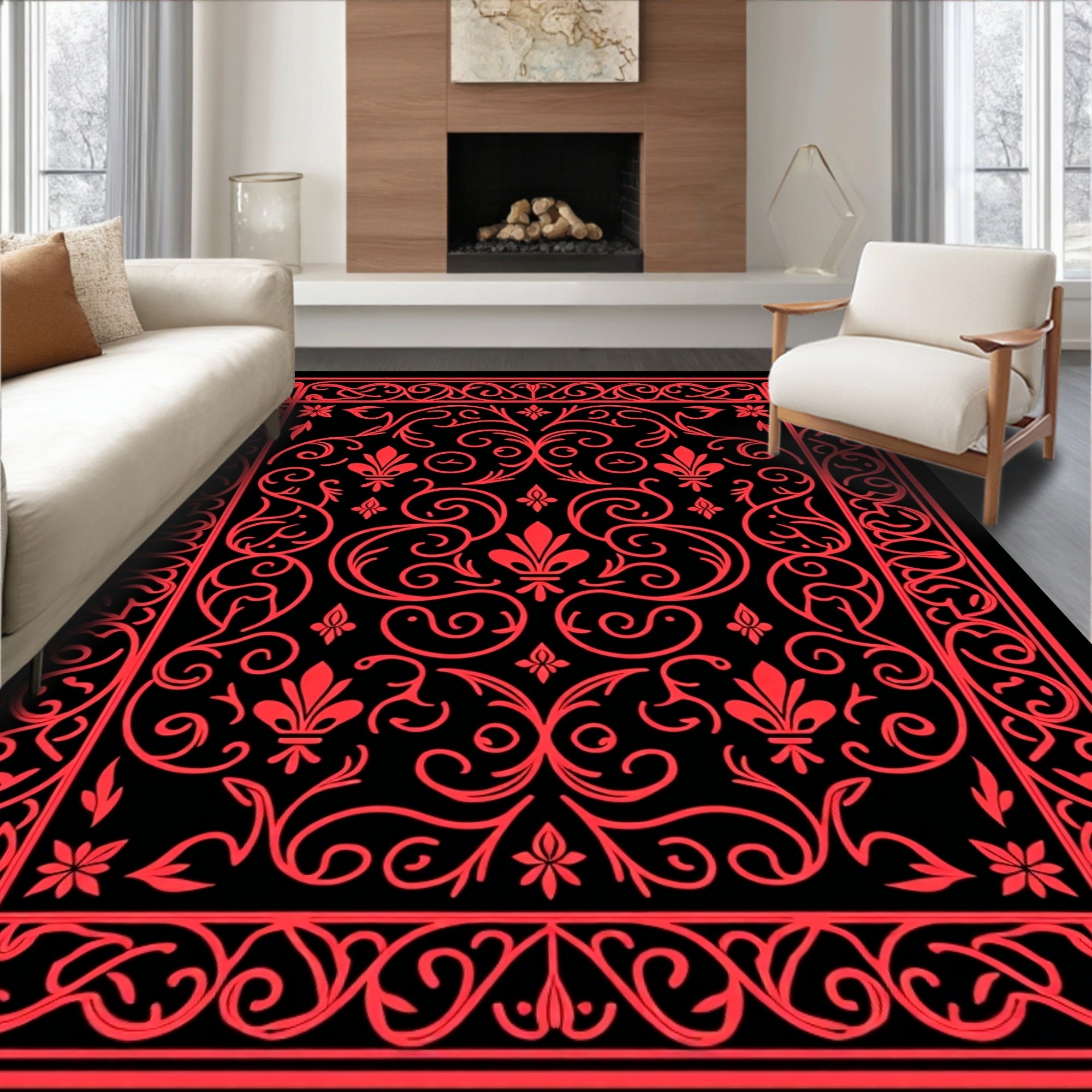 Elegant Red Fleur-de-lis Scrollwork Rug