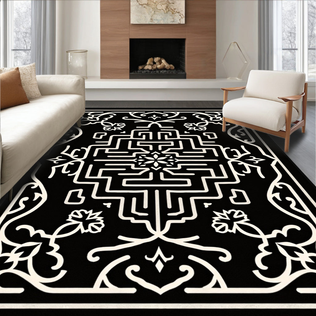 Black Ivory Geometric Medallion Floral Rug