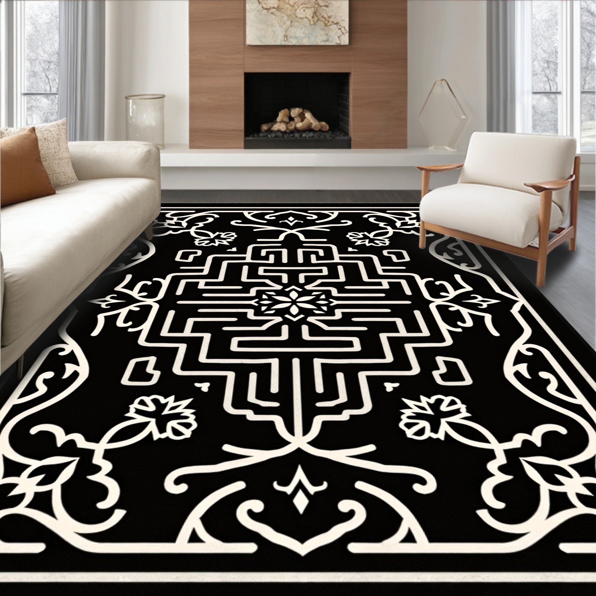 Black Ivory Geometric Medallion Floral Rug