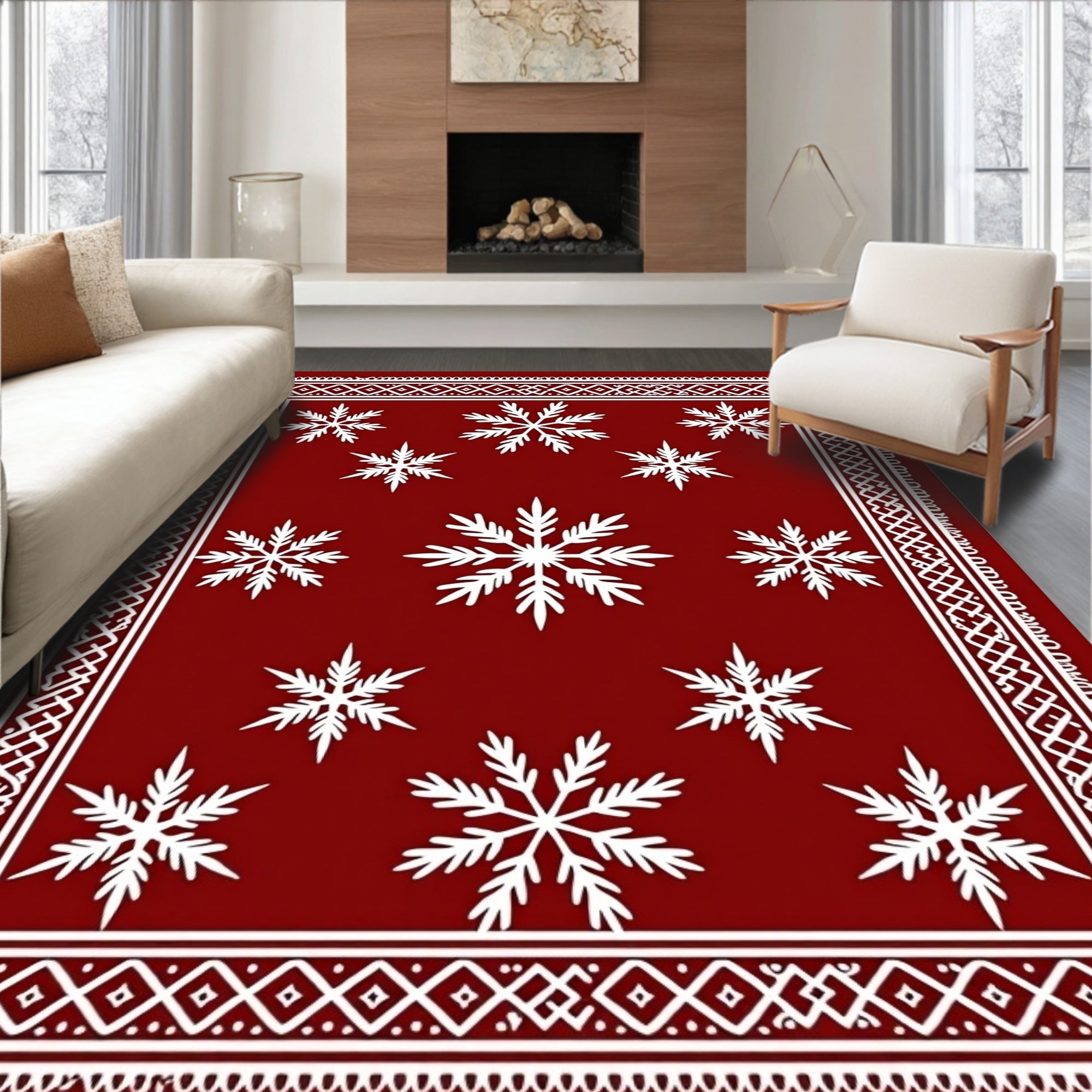 Deep Red Ice Crystal Border Rug