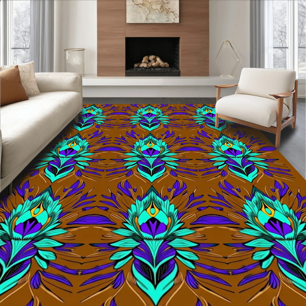 Exotic Turquoise Peacock Feather Medallion Rug