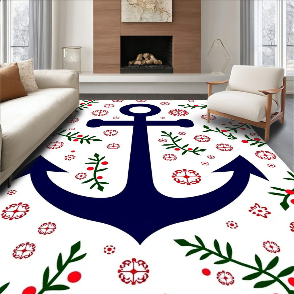 Navy Anchor with Red Floral Vines Rug