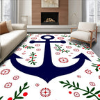 Navy Anchor with Red Floral Vines Rug