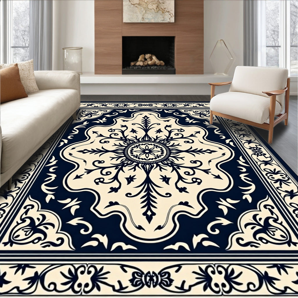 Ornate Navy Cream Medallion Artwork Rug
