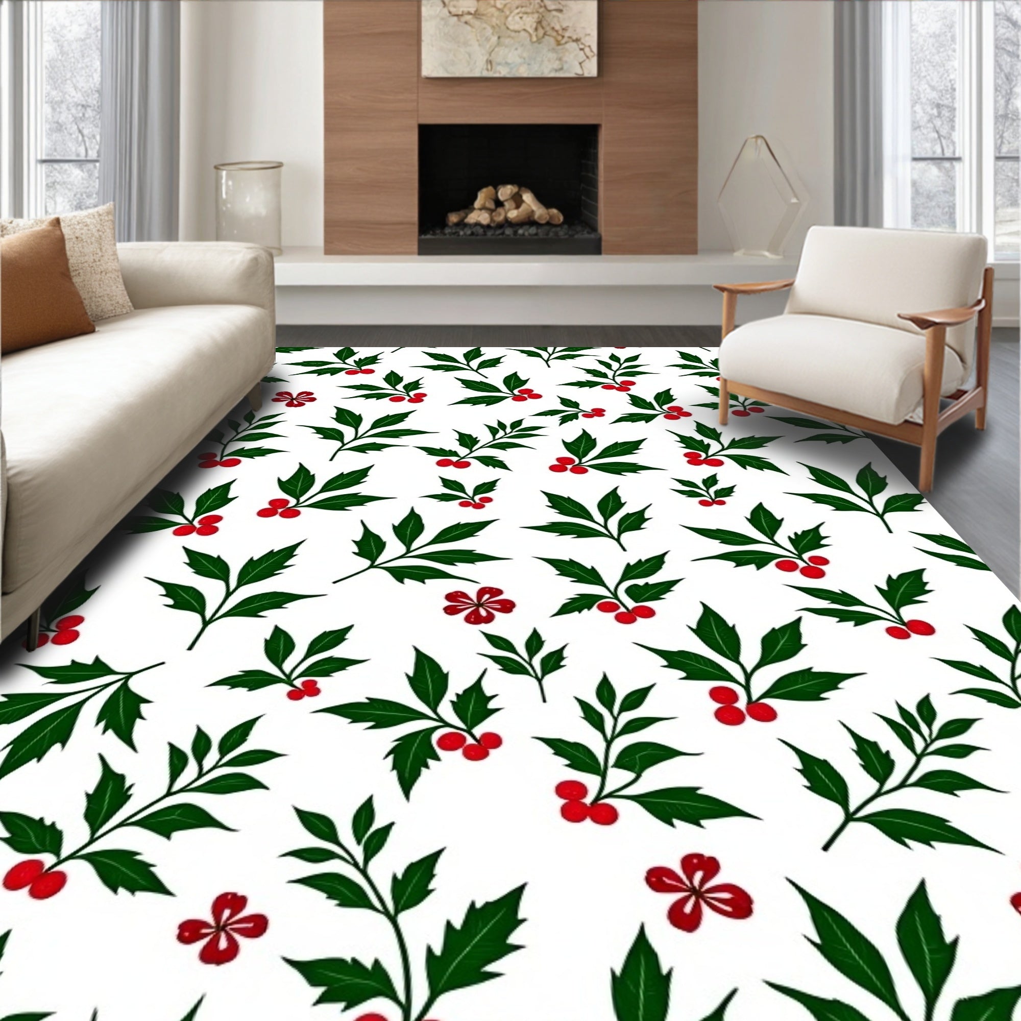 Christmas Holly Berry Branch Repeat Rug