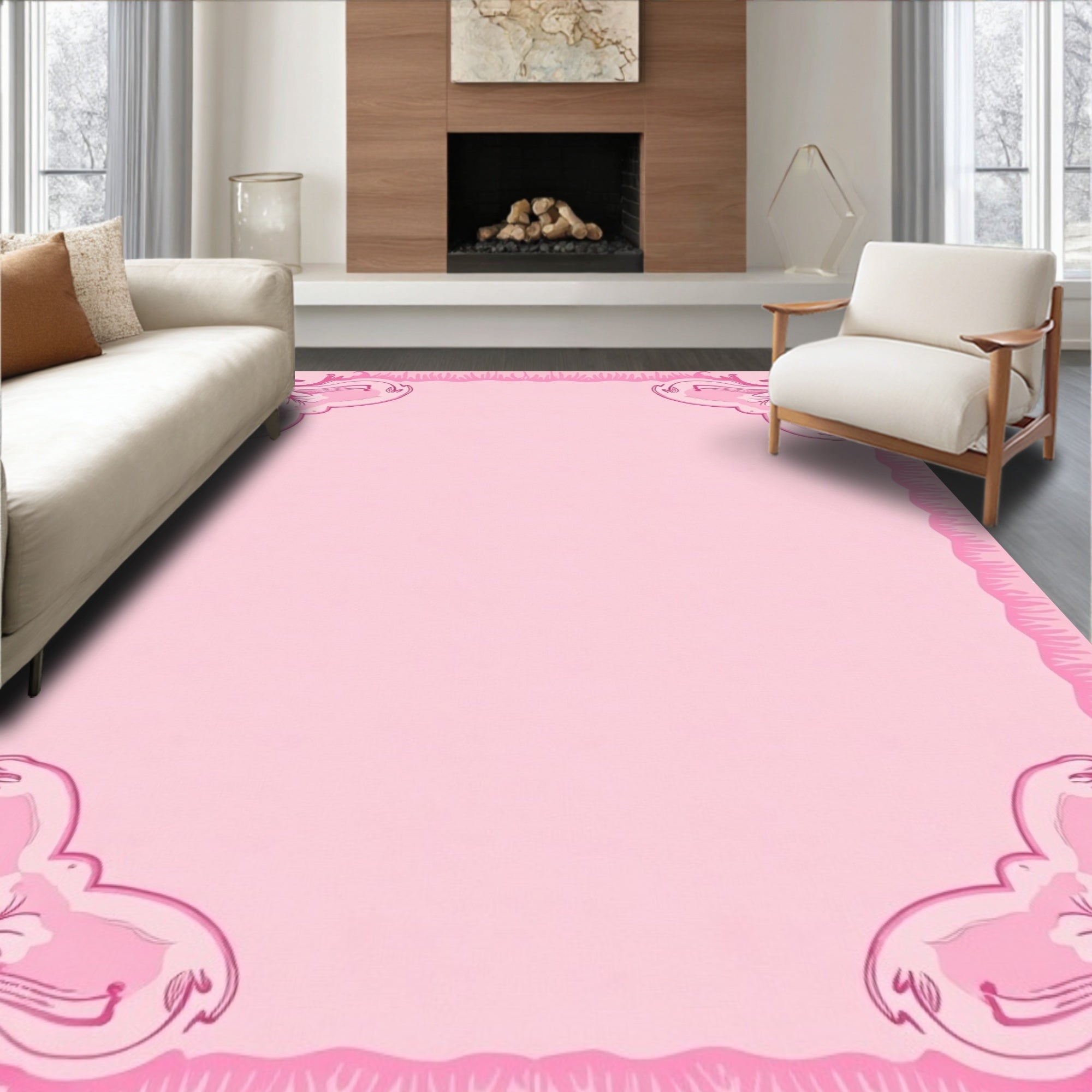 Pink Floral Corner Scroll Frame Rug