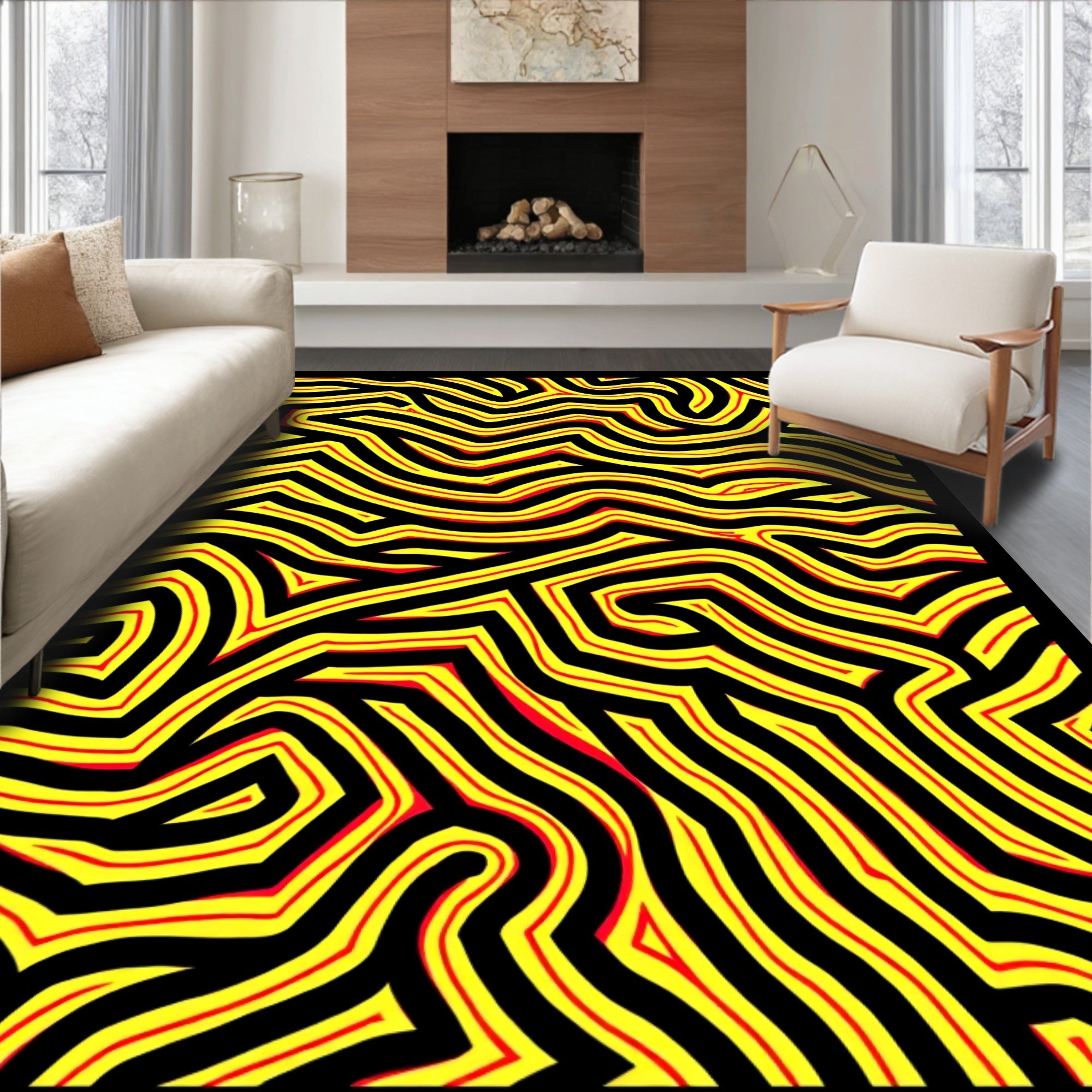 Bold Black Yellow Red Maze Rug