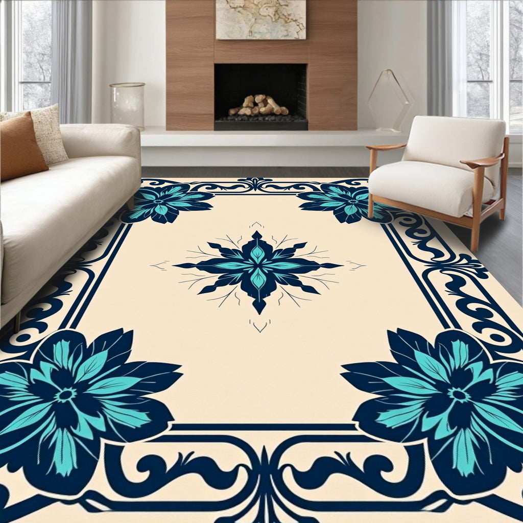 Deep Teal Floral Scrollwork Square Rug