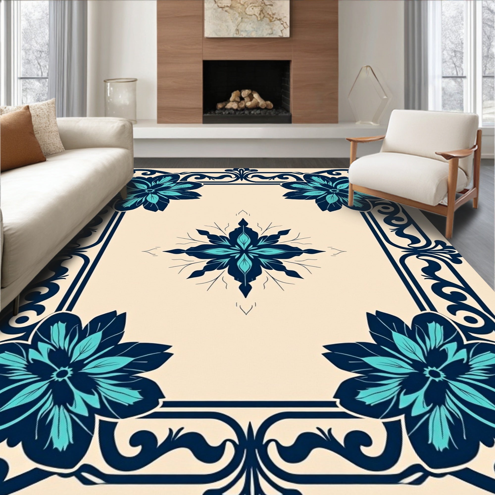 Deep Teal Floral Scrollwork Square Rug