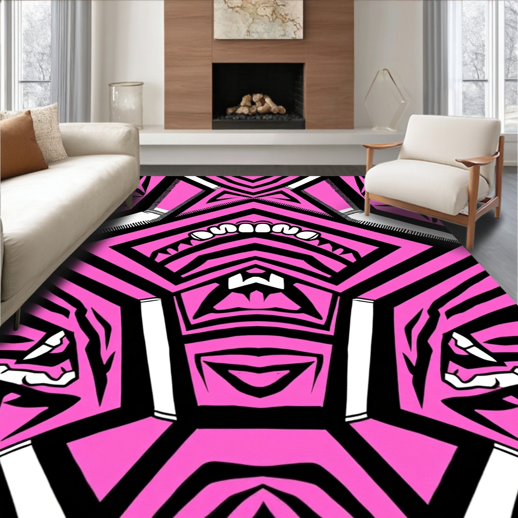 Vibrant Pink Black Graphic Face Rug