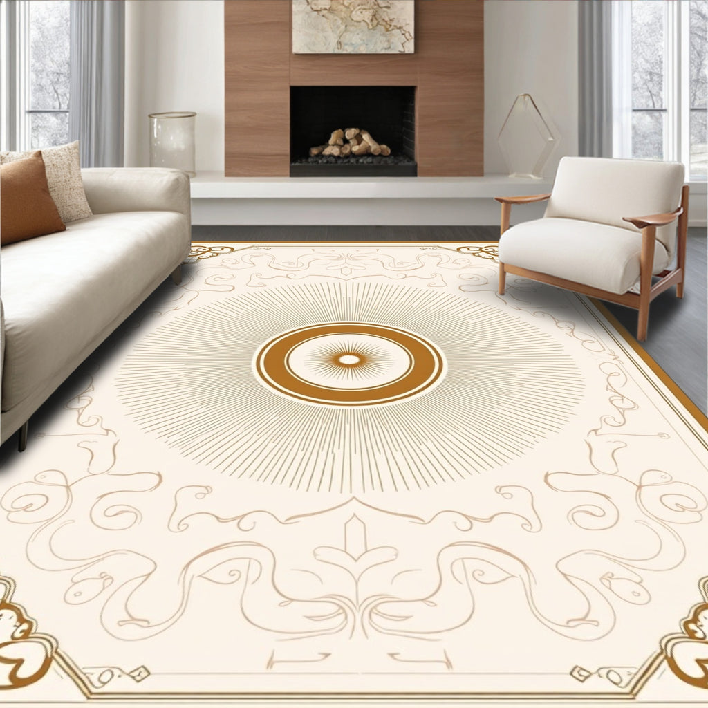 Golden Sunburst Medallion Scrollwork Border Rug