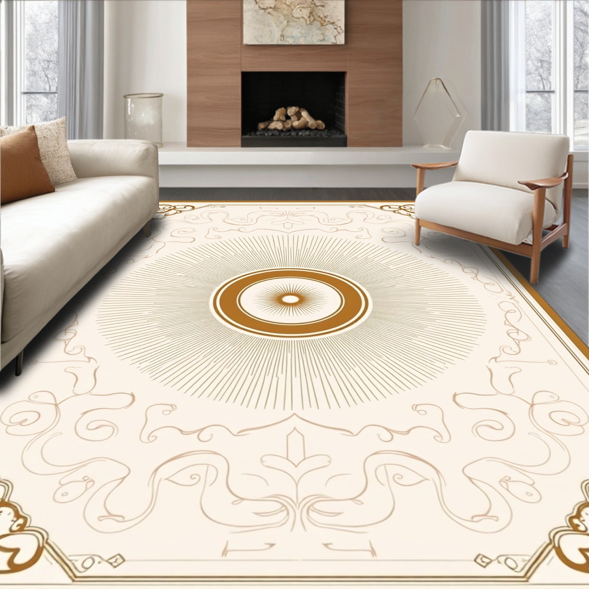 Golden Sunburst Medallion Scrollwork Border Rug