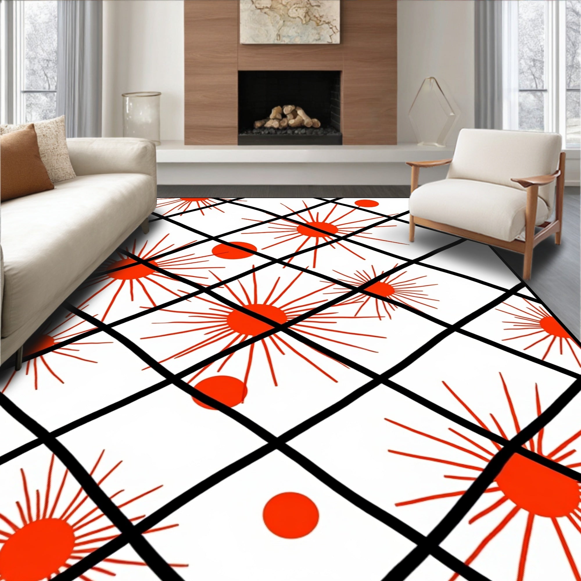 Orange Sunburst Starburst Grid Rug