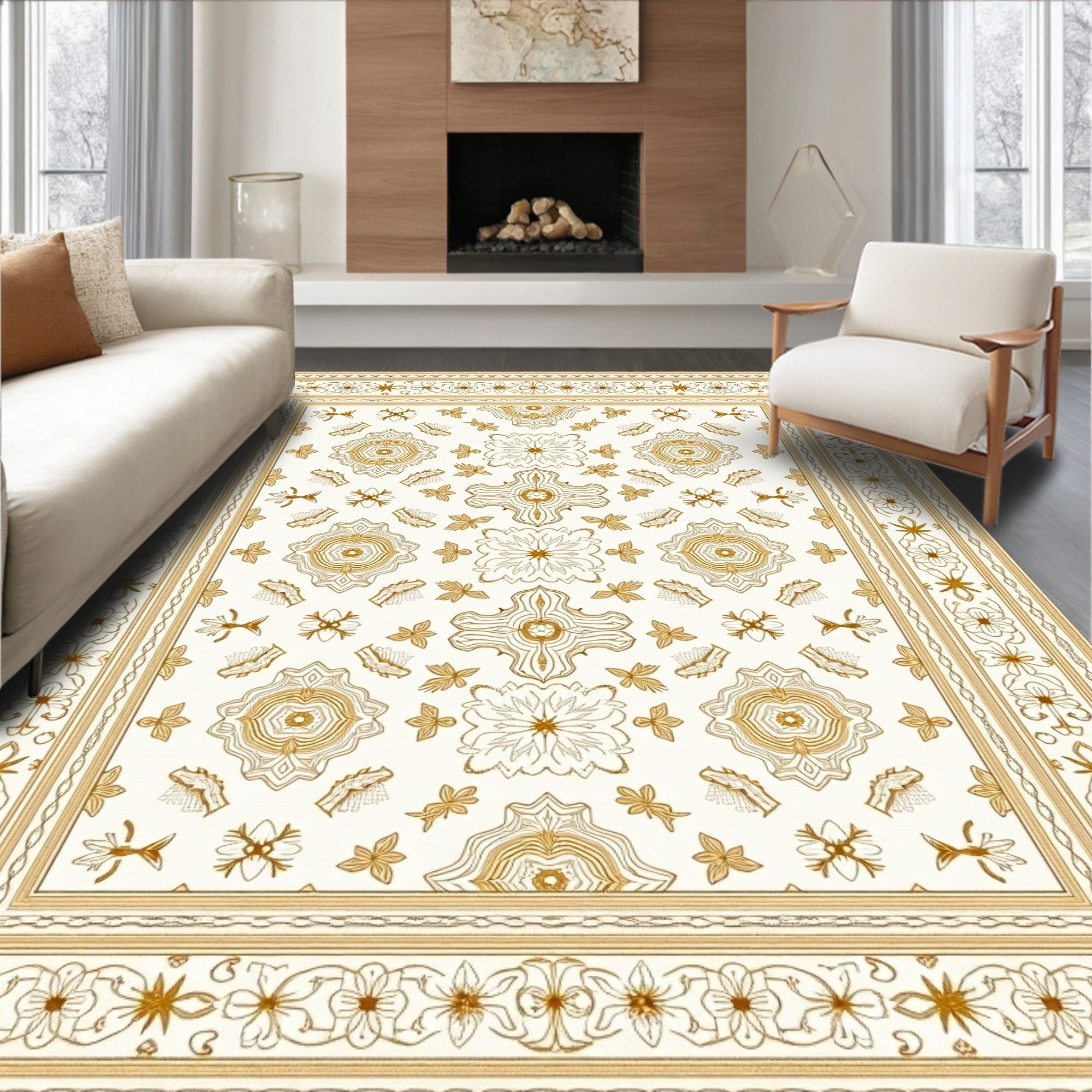 Golden Floral Medallion Cream Harmony Rug