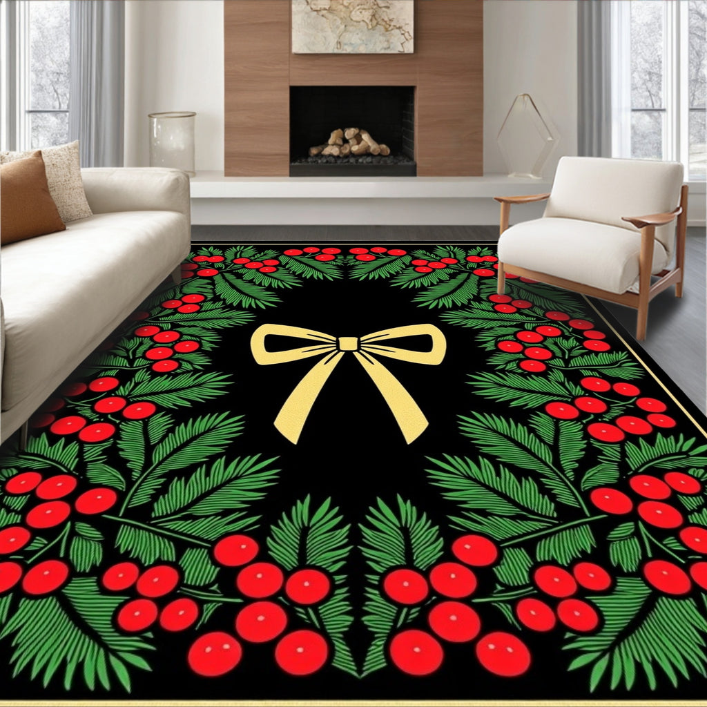 Golden Bow Red Berry Evergreen Wreath Rug