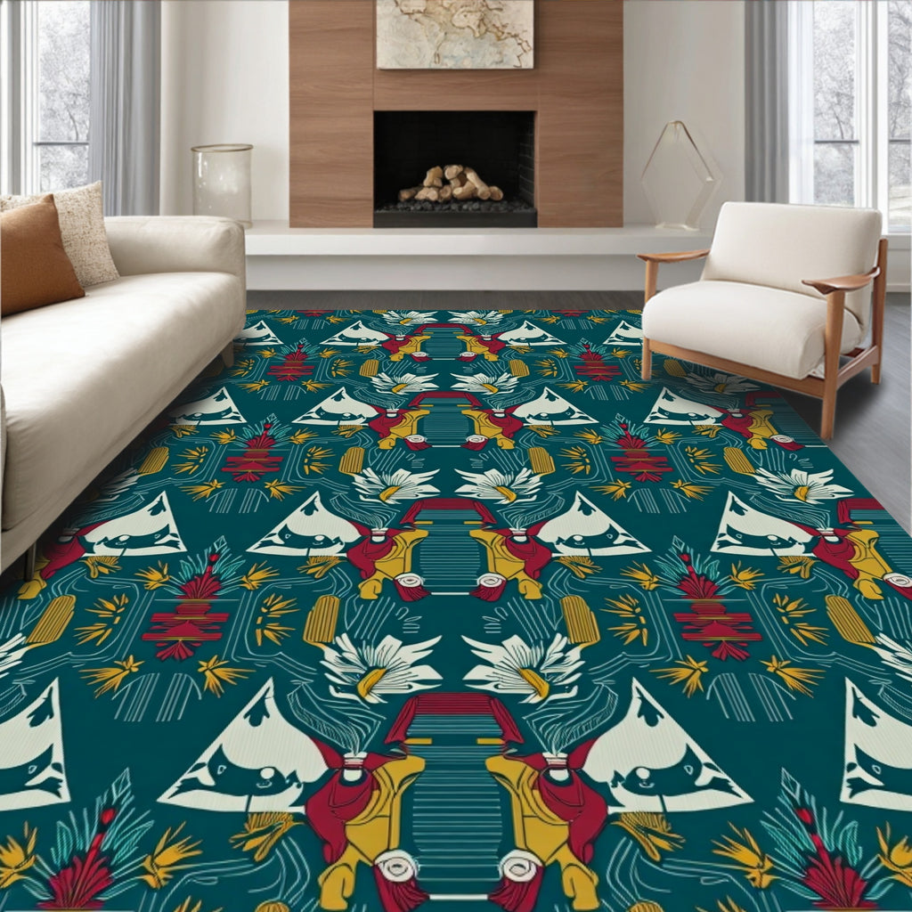 Teal Crimson Geometric Abstract Floral Rug