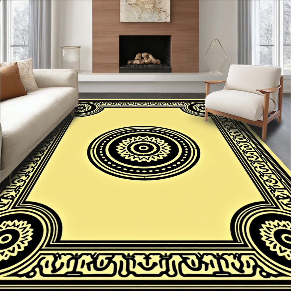 Yellow Black Sunburst Medallion Frame Rug