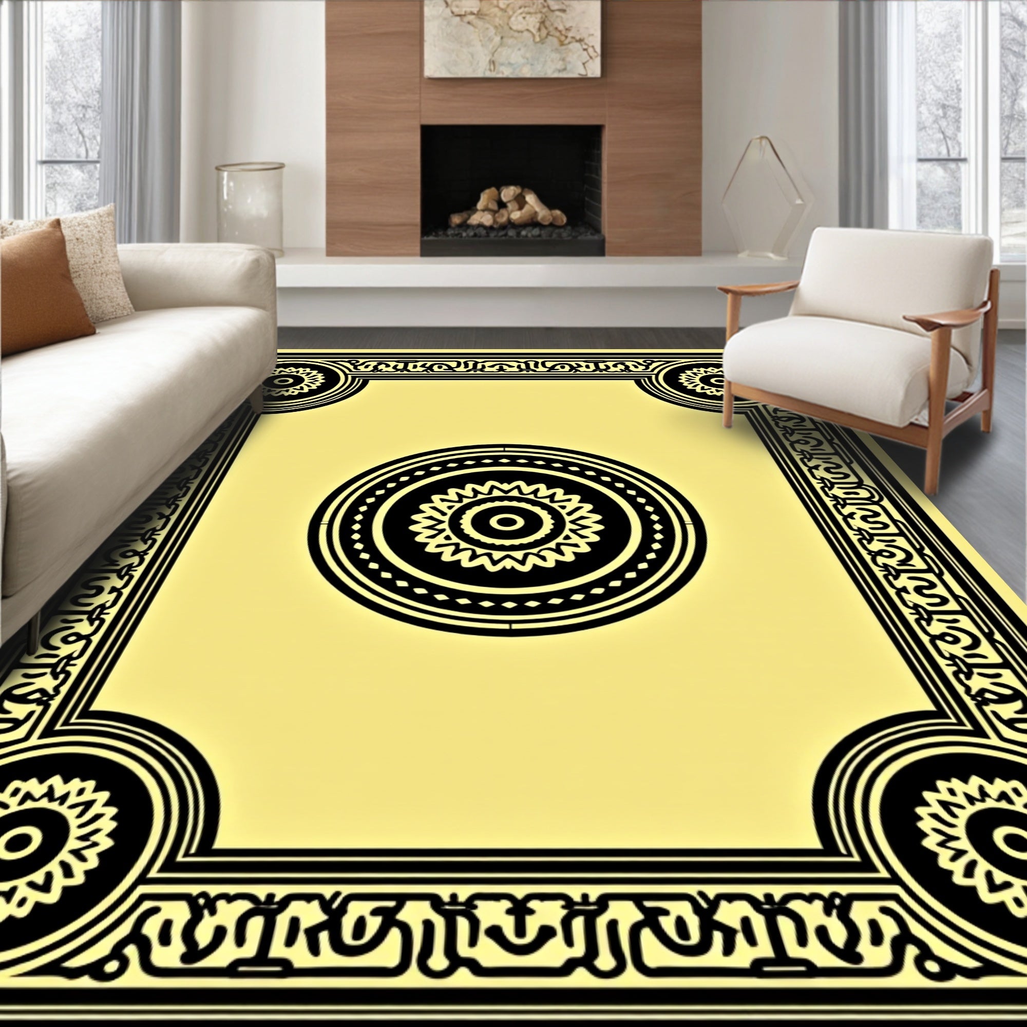 Yellow Black Sunburst Medallion Frame Rug
