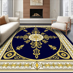 Navy Gold Floral Medallion Frame Rug