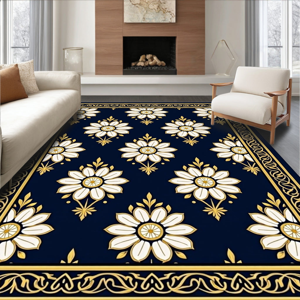 Navy White Floral Gold Medallion Rug