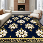 Navy White Floral Gold Medallion Rug