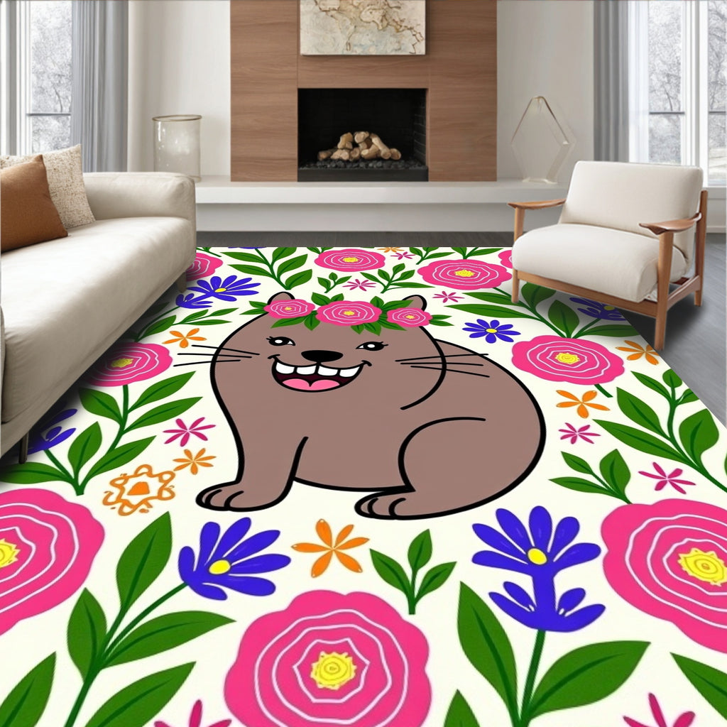 Happy Brown Cat Floral Wreath Rug