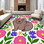 Happy Brown Cat Floral Wreath Rug
