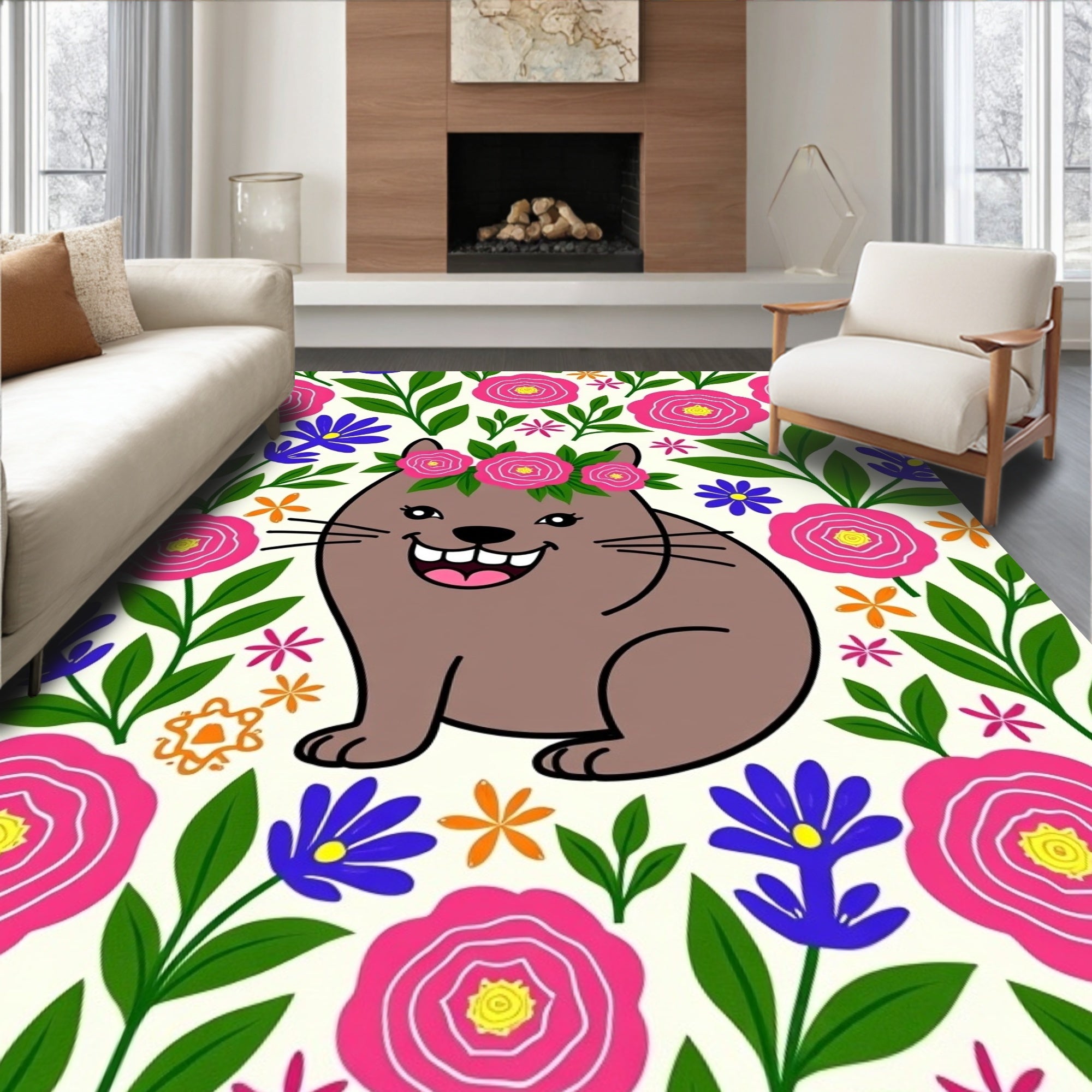 Happy Brown Cat Floral Wreath Rug