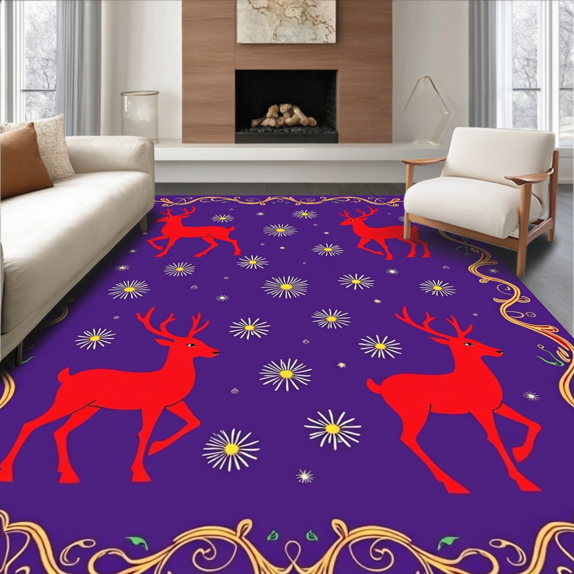 Red Deer Purple Floral Border Rug
