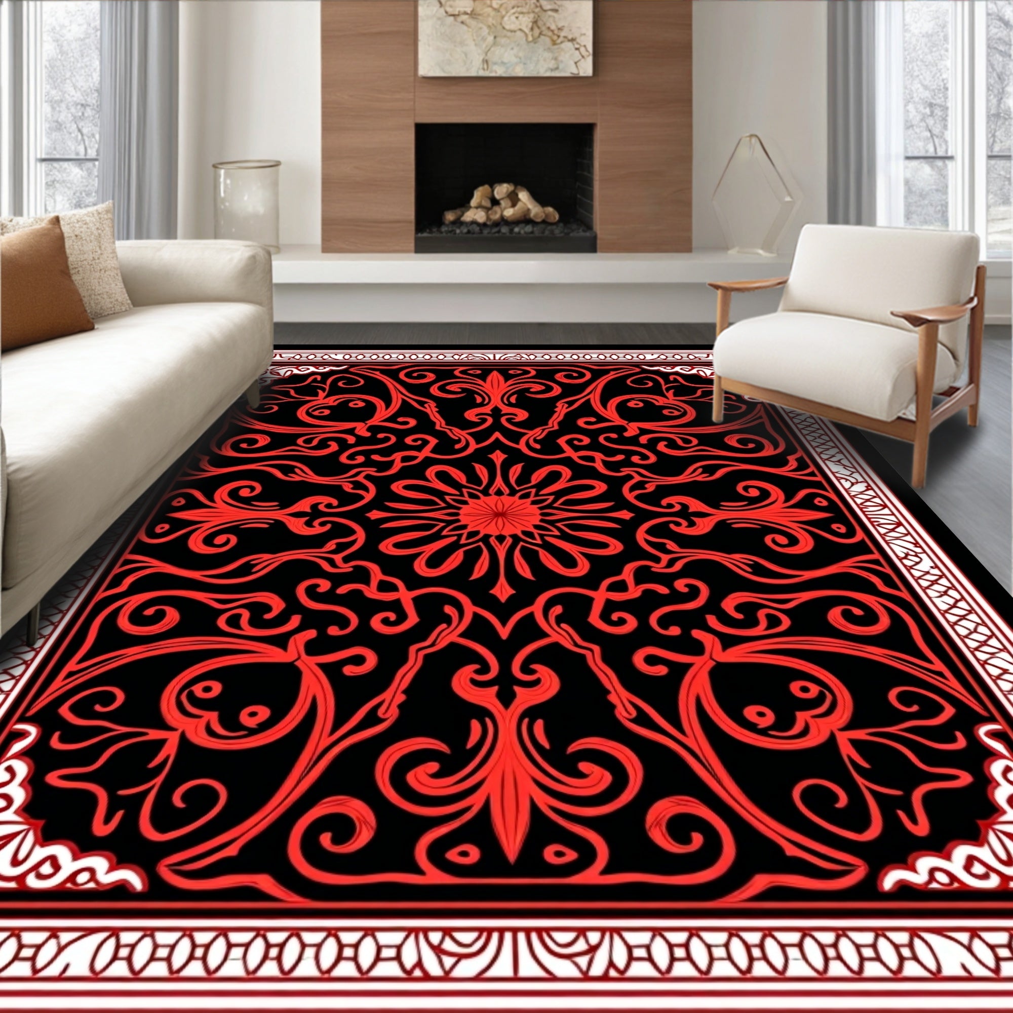 Elegant Red Scrollwork Mandala Rug