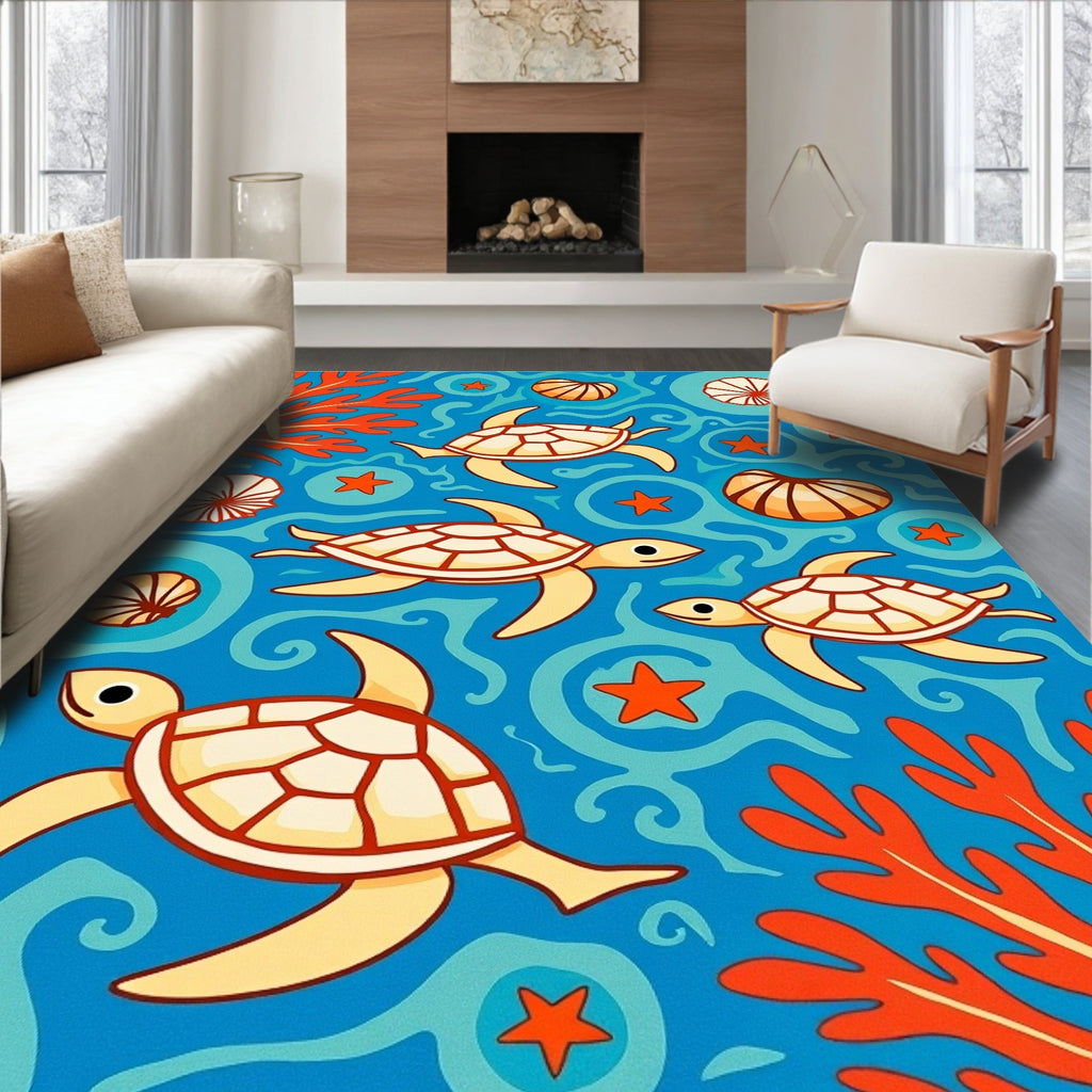 Underwater Sea Turtle Coral Scene Rug
