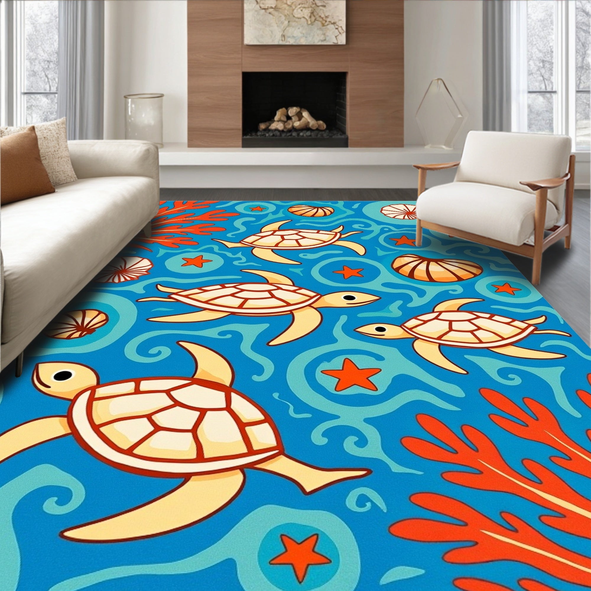 Underwater Sea Turtle Coral Scene Rug