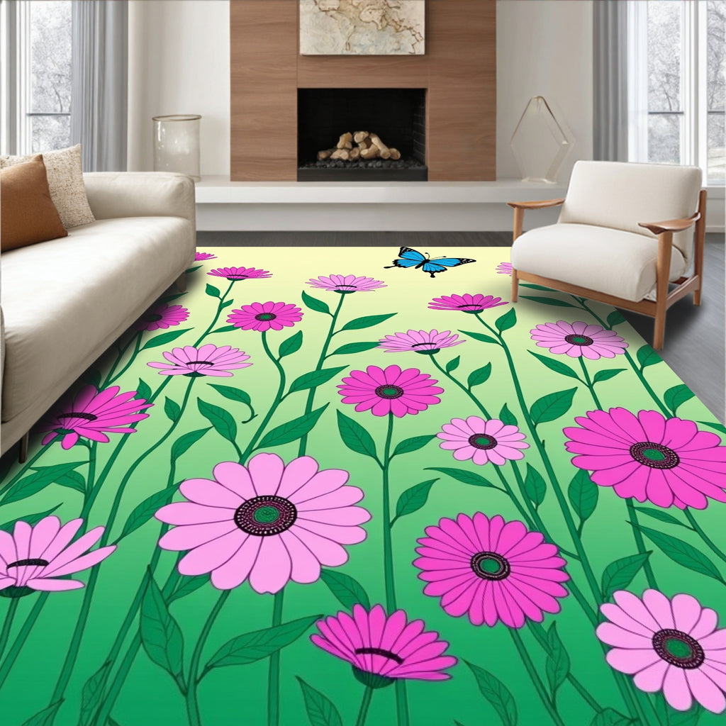 Pink Daisy Garden With Blue Butterfly Rug