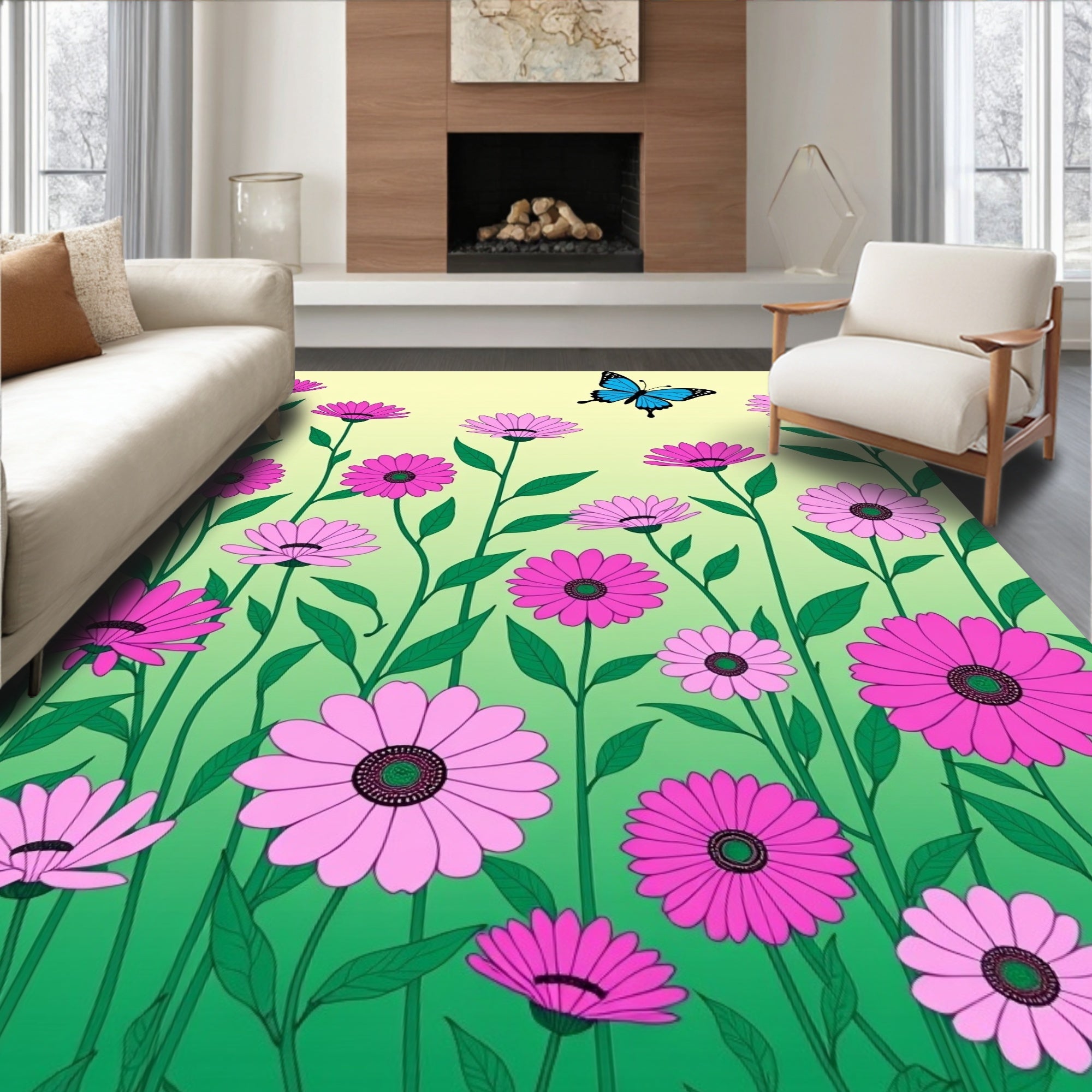 Pink Daisy Garden With Blue Butterfly Rug