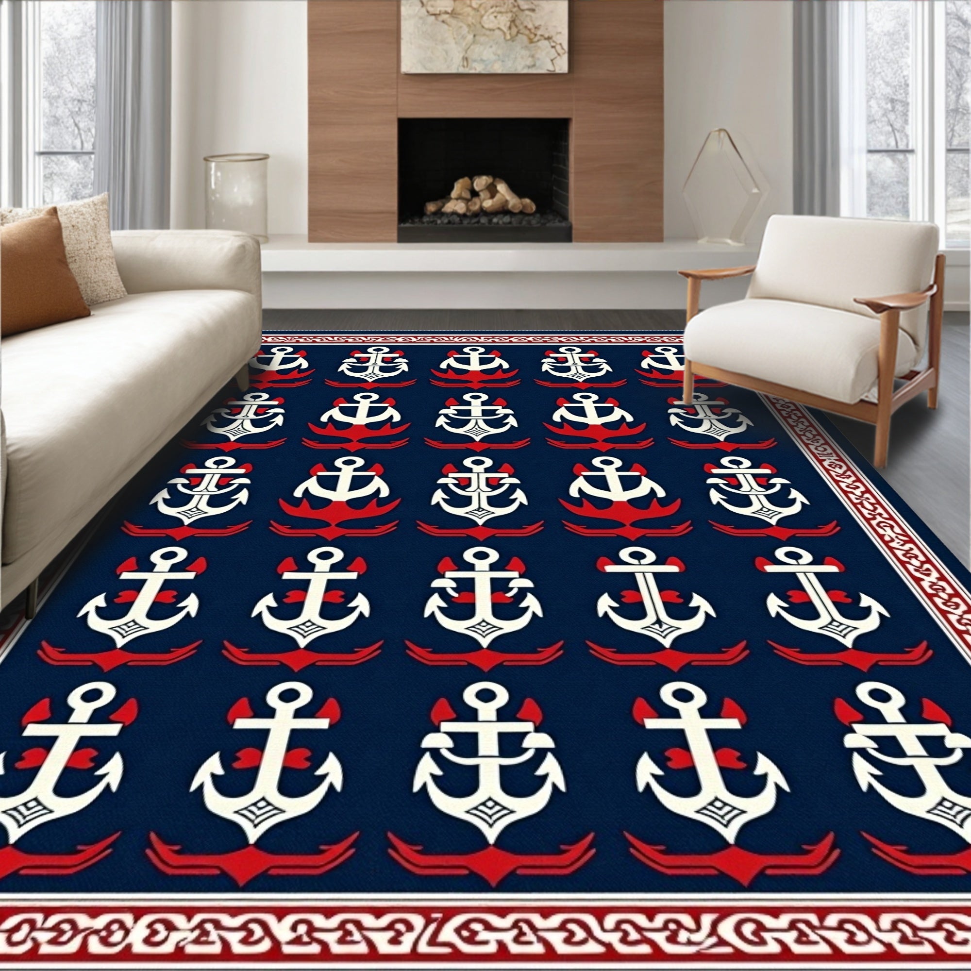 Nautical Navy Blue Anchor Collage Rug