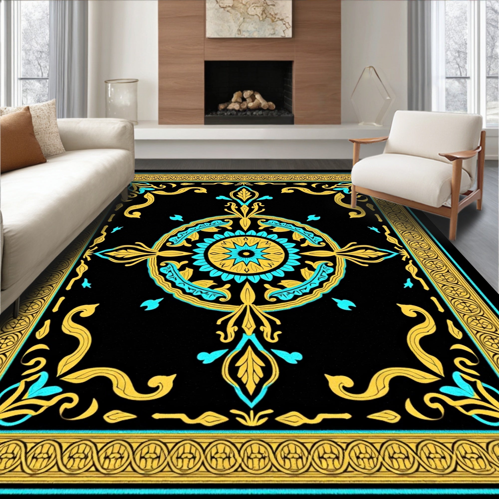 Black Teal Gold Medallion Arabesque Rug