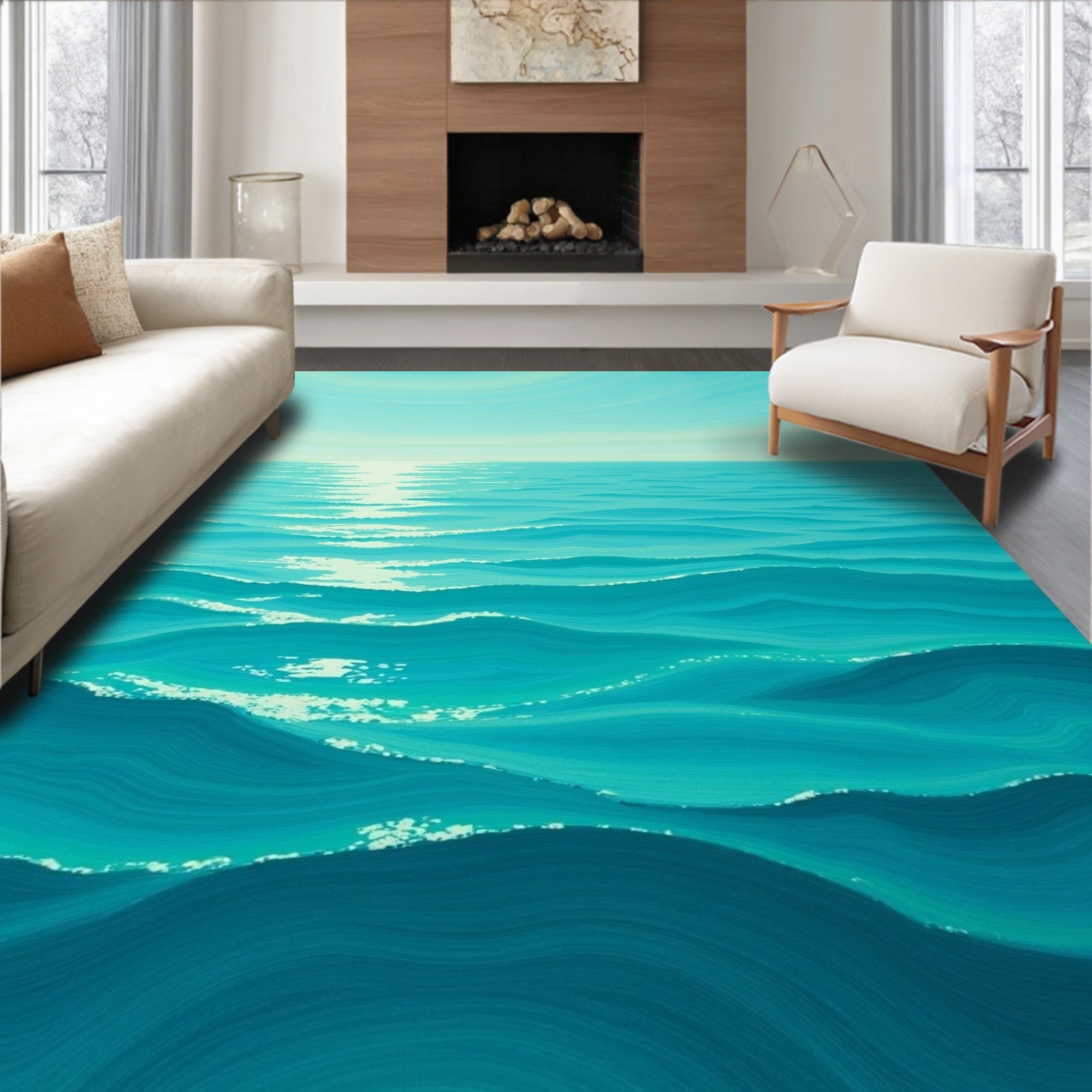 Turquoise Ocean Waves Sunlit Ripples Rug