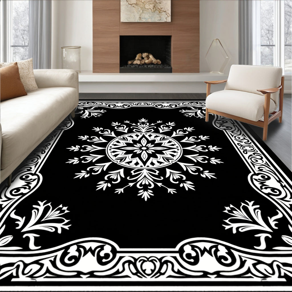Black White Ornate Floral Mandala Rug