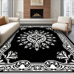Black White Ornate Floral Mandala Rug
